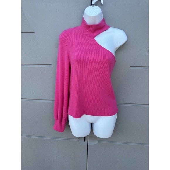 LNA MURPHY SWEATER ONE SHOULDER TURTLE KNECK LONG SLEEVES RIB TOP BARBIE PINK M - Picture 4 of 14